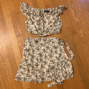 White Fox Boutique Beige Floral Off the Shoulder Skirt Set